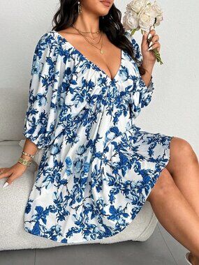 plus Size V-Neck Romantic Floral Print Vacation Dress Women's Casual Maxi Dress